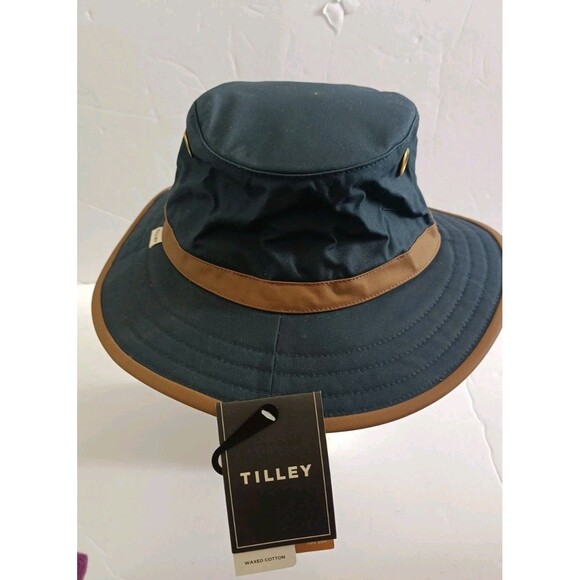 Tilley Waxed Cotton Outback Bucket Hat Sz Large Navy Blue Brim Crusher Cap TWC7 - Picture 8 of 13